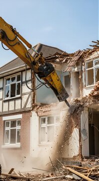 Hydraulic breaker excavator breaking house wall during building demolition. Heavy machinery destroying residential structure. Industrial construction site clearing for urban renovation.