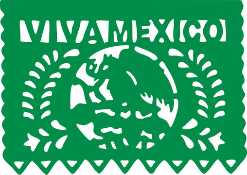 Green papel picado banner with Viva Mexico text and eagle emblem cutout pattern