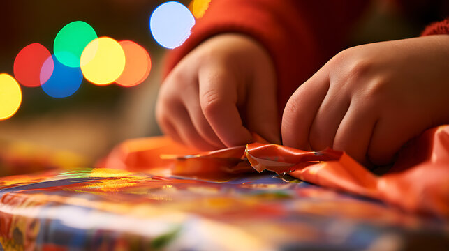 Opening a wrapped gift during Christmas celebration at home with colorful lights in the background