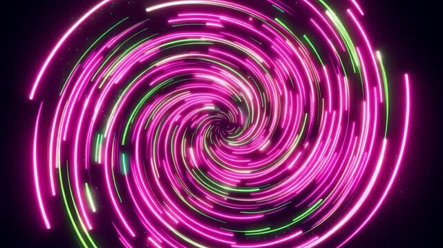 Neon spiral animation with glowing pink and green light trails rotating inward against a dark background, creating a vivid abstract digital motion graphic display