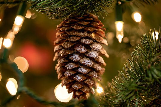 Pine cone decorated for Christmas with lights and green branches in a festive setting