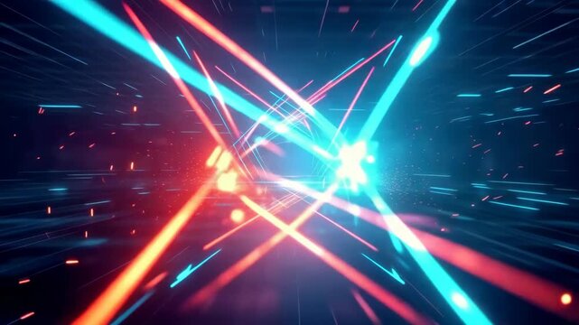 Abstract neon light tunnel with orange and cyan beams racing toward a glowing geometric center, creating energetic futuristic motion graphics background animation