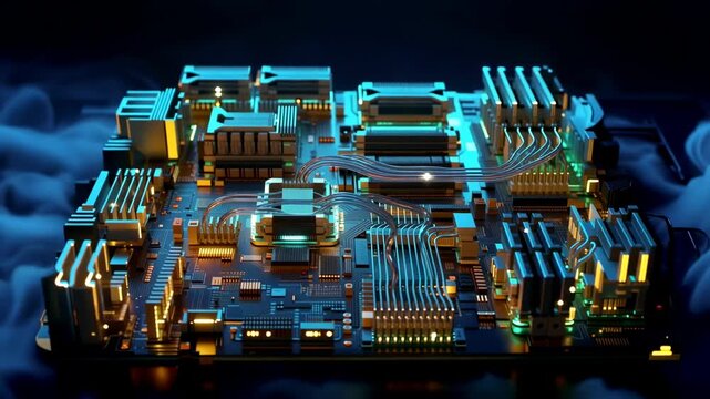 Futuristic computer circuit board with glowing data pathways and electronic components illuminated in blue and gold light, closeup technology hardware scene