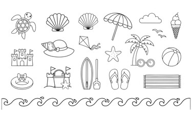 Obraz premium summer beach essentials icon line style vacation travel editable stroke vector set.