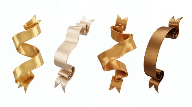 Four vertical curled ribbon elements in gold, champagne and bronze metallic finishes with elegant flowing forms isolated on a white background.