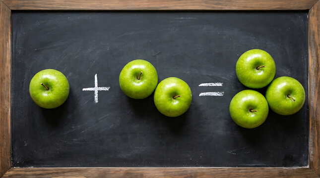 Simple math lesson two green apples plus three green apples equals five green apples on blackboard