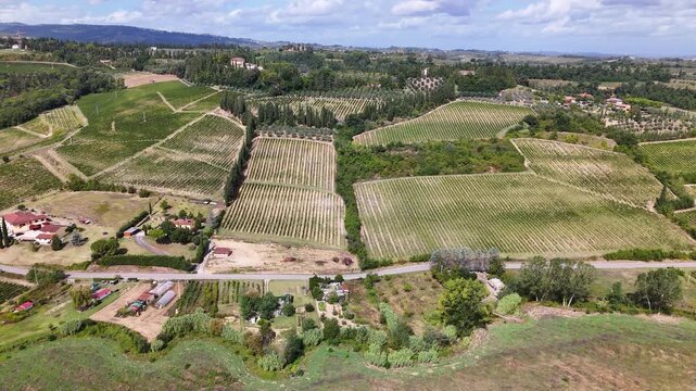 Drone View, Vineyards of Tuscany, Italy. Village Homes and Landscape on Sunny Day