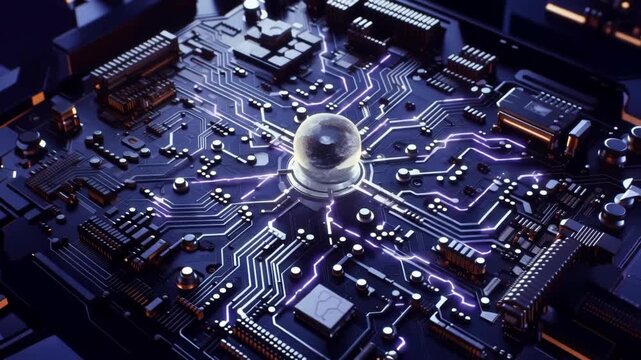 Glowing energy sphere radiating along illuminated circuit paths across futuristic electronic circuit board, animated technology concept with components and microchip details
