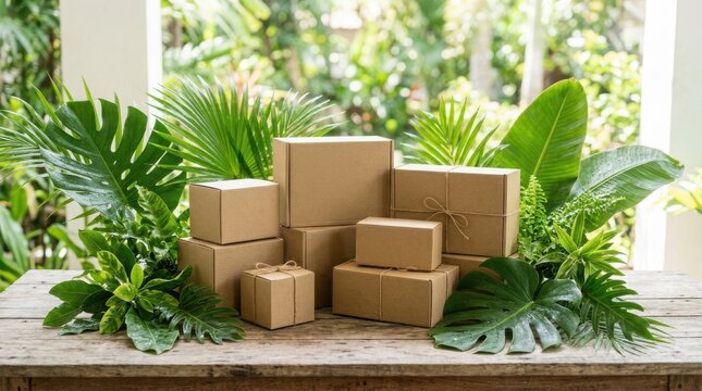 Cardboard boxes arranged on a wooden table with tropical leaves