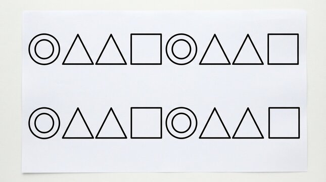Educational worksheet with rows of repeating geometric shapes including circles triangles and squares for kids learning