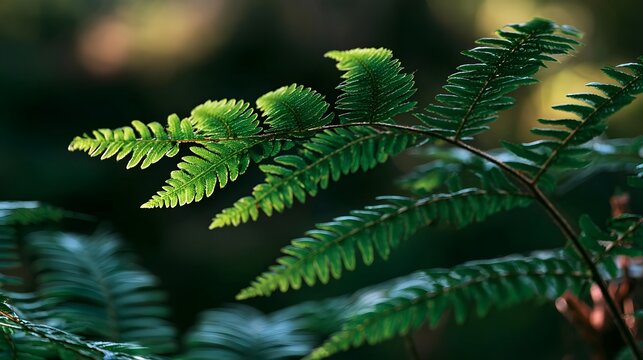 Close up of vibrant green fern fronds with delicate leaflets  softly lit against a blurred forest background