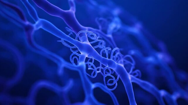 Abstract blue microscopic view of interconnected biological vessels and capillaries.