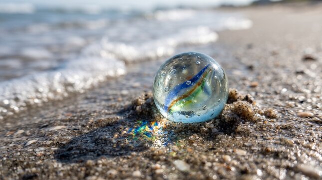 Clear glass marble resting on wet beach sand with ocean waves in background