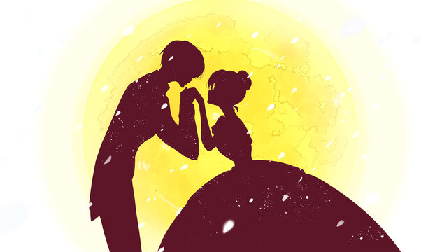 お姫様の手の甲にキスする王子様　シルエット　花吹雪　月