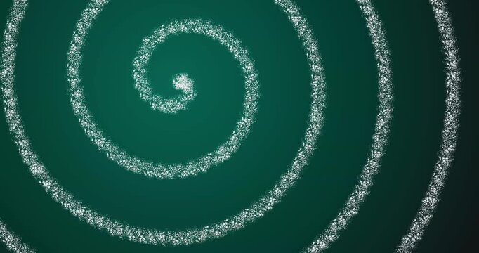 motion graphics video loop featuring glowing white texturized particles spinning in a continuous spiral vortex over a dark teal gradient background. Ideal for animation transitions, magic spell effect