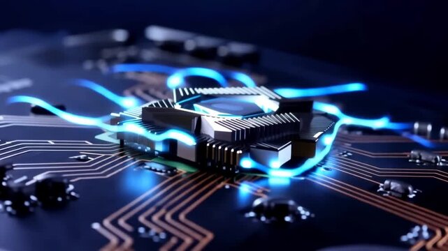 Advanced semiconductor microchip on printed circuit board with glowing blue electrical data streams