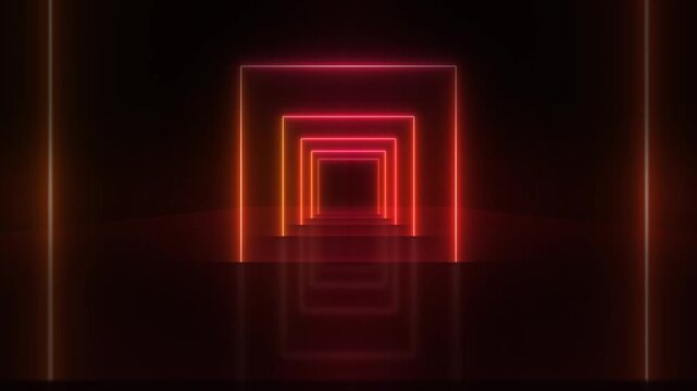 Infinite tunnel of glowing red and orange diamond frames pulsing through darkness. Dramatic alert aesthetic with symmetrical neon geometry for warning, emergency, and sci-fi themes.