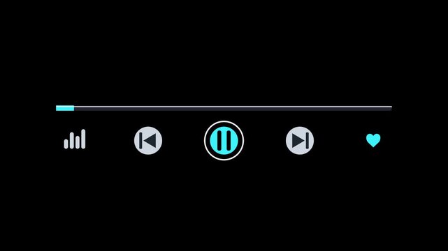 Y2K music player widget shows a cyan progress bar advancing beside pause button, track controls and heart icon on black. Futuristic chrome audio interface for app and web design.