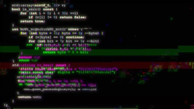 Program code scrolls across dark screen with glitch effects in horizontal format. Green and magenta distortion bars disrupt programming text.