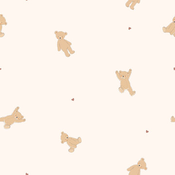 Modern Minimalist Teddy Bear Seamless Pattern with Cute Vintage Bears and Tiny Hearts on Beige Background, Contemporary Vector Baby Nursery Design for Kids Textile, Fabric, Wallpaper and Clothing