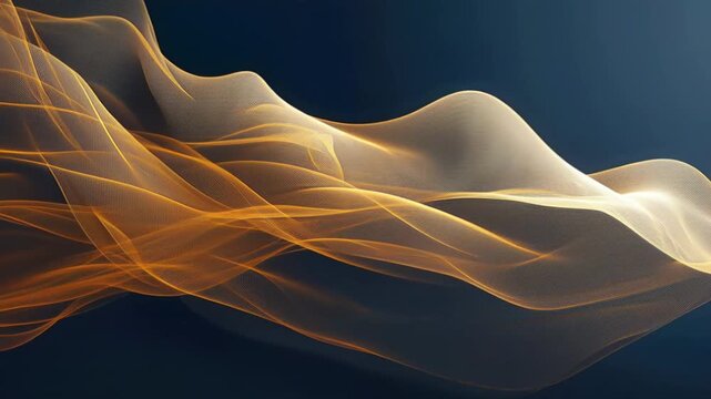Abstract golden translucent mesh waves flowing across dark blue background with glowing highlights and copy space, concept of elegant digital energy