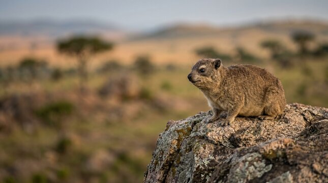 A solitary rock hyrax resting on a textured boulder in a grassy wilderness