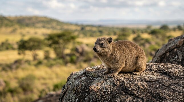 A solitary rock hyrax resting on a rugged boulder in the open wilderness with wildlife