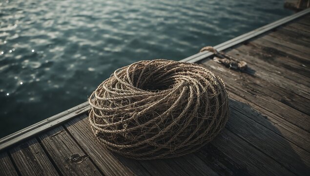 Generative AI a coiled rope resting on a wooden dock beside water