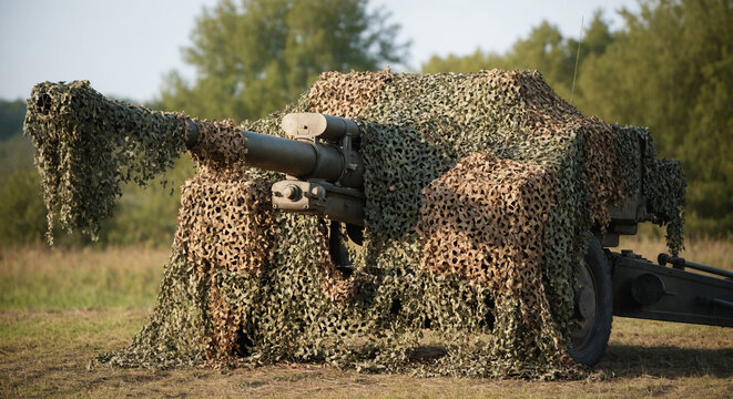 Artillery Cannon Covered by Camouflage Net in Field During Military Deployment