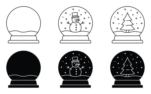 Collection of snow globe icons with snowman and pine tree inside in black and white outline and silhouette style for winter holiday