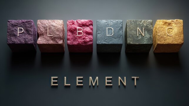 The word 'element' rendered beneath blocks with initials, alluding to the fundamental components and the building blocks of something