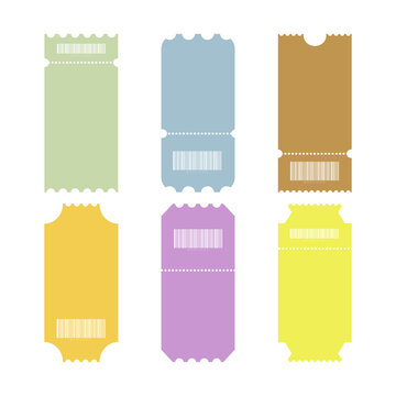 Set of six colorful event tickets isolated on a transparent background