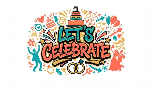 Colorful hand drawn illustration featuring the text lets celebrate with a wedding cake and two interlocking rings for a festive party announcement