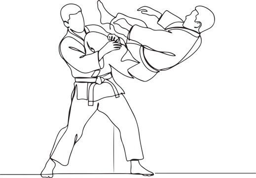 One single line drawing of two young energetic judokas fighter men battle fighting at gym center vector graphic illustration. Martial art sport competition concept. one line Icon drawing