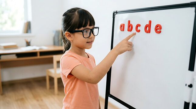 Young girl wearing glasses pointing at alphabet letters on a whiteboard during a lesson