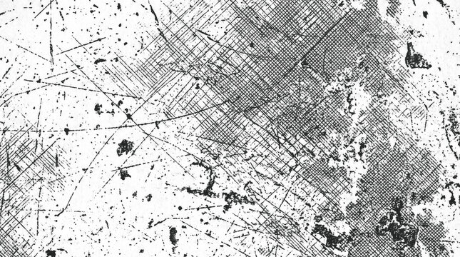 Grunge distressed texture with crosshatched lines and scratches, abstract black and white overlay pattern for design elements isolated on transparent background