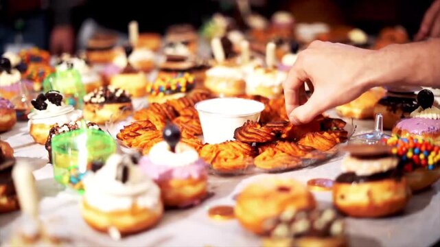 Hand picking a gourmet donut from a large variety display table