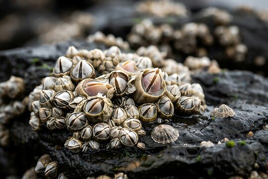 Close-up of Acorn Barnacles Growing Together on Wet Intertidal Rock by the Sea