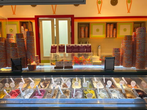 Palermo Italy May 2 2026 Gelateria showcase. Different types of ice cream, pistachio, tiramisu, chocolate. Italian ice cream in assortment. Traditional summer dessert.