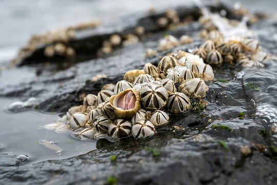 Acorn Barnacle Opening Shell on Wet Rock with Splashing Water from Ocean Wave
