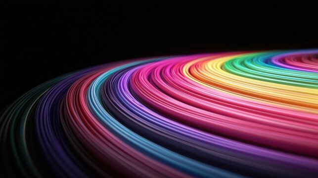 A vibrant, abstract composition of overlapping curved lines in a rainbow spectrum of colors.