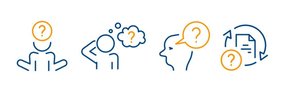 person's question who, wondering man, help question, investigate unknown, linear icon set, vector illustration, outline blue icons