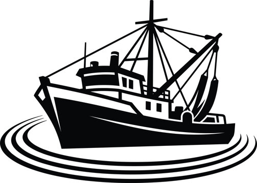 Commercial Fishing Trawler Boat Black Silhouette Vector Illustration with Wave Rims for Seafood Industry Nautical Badges and Marine Graphic Designs
