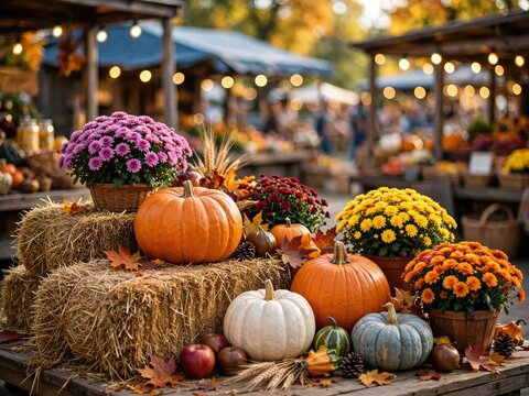 Autumn Harvest Festival Display with Pumpkins and Mums.