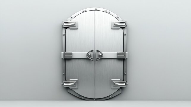 A metallic door with a curved top and rectangular bottom.
