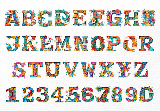 Colorful Floral Alphabet And Numbers Font Set
