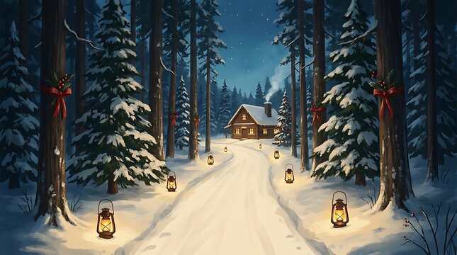 Snowy winter forest landscape featuring a cozy wooden cabin and glowing lanterns along a path