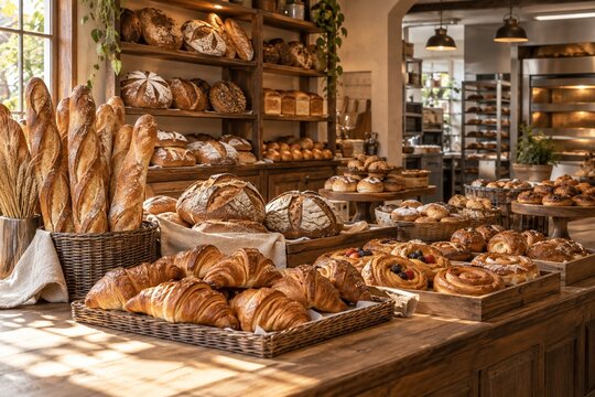 Assorted Fresh Bread and Pastries Display in Rustic Bakery Shop Interior