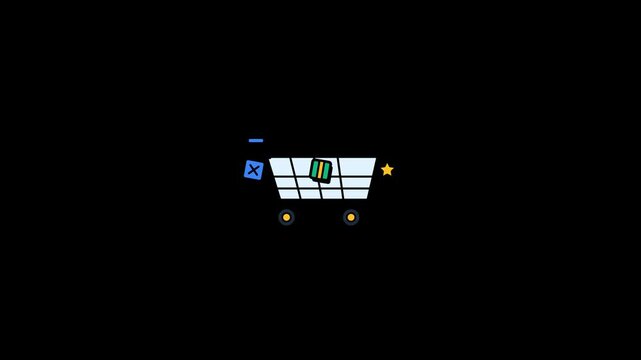 Premium 2D flat vector animated stock icon featuring a lively shopping cart catching colorful items with playful bouncing physics and a seamless loop.