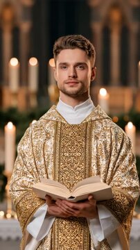 vertical video-Priest Holding Open Book at Decorated Christmas Altar